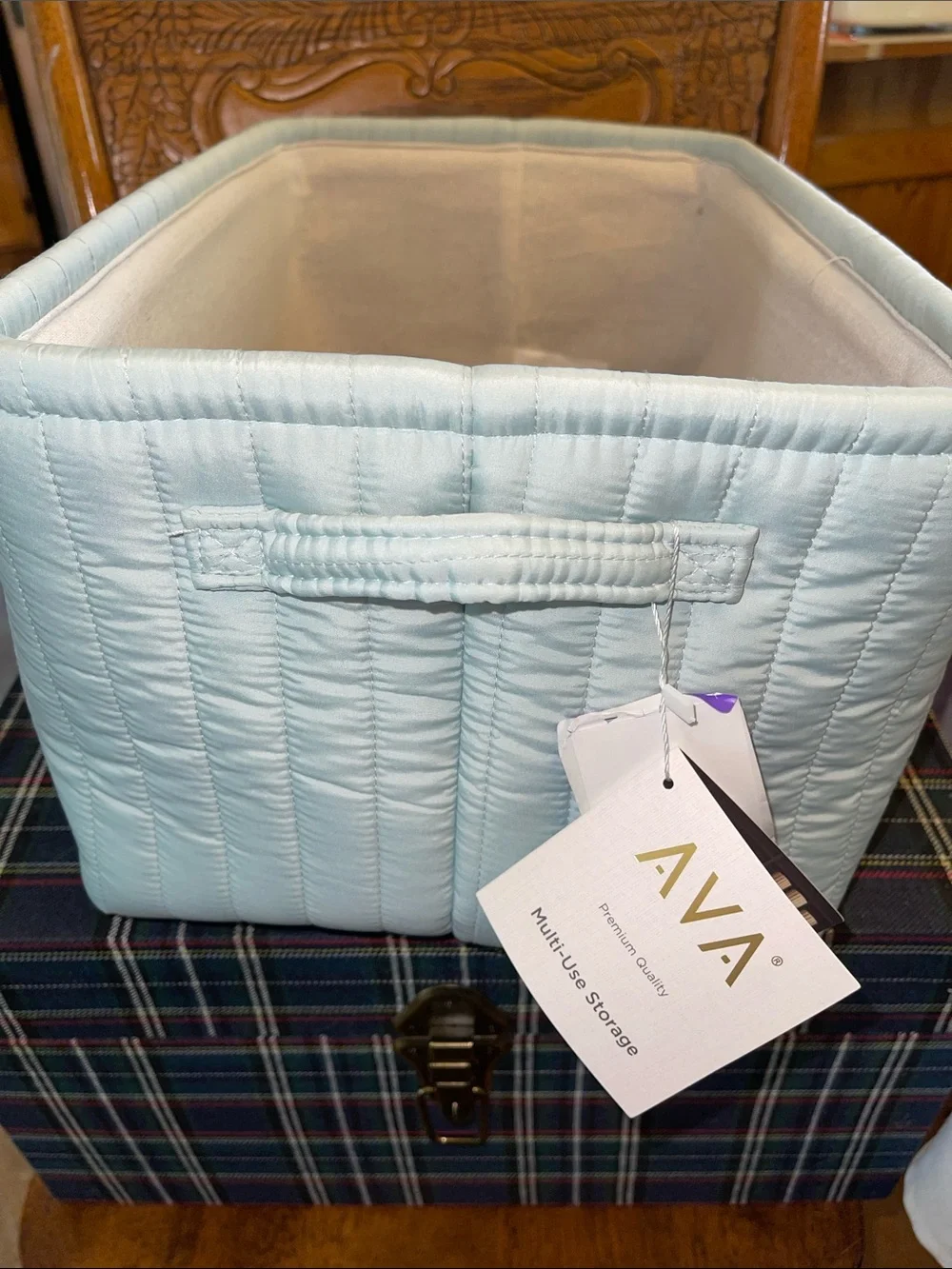 Quilted Light Green Fabric Storage Bin - Home Organization